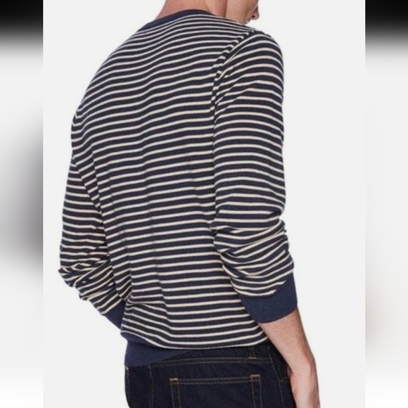 J.Crew Mercantile Mens Pique Striped Crewneck Sweater 100% Cotton Blue/Cream LG - Picture 2 of 11